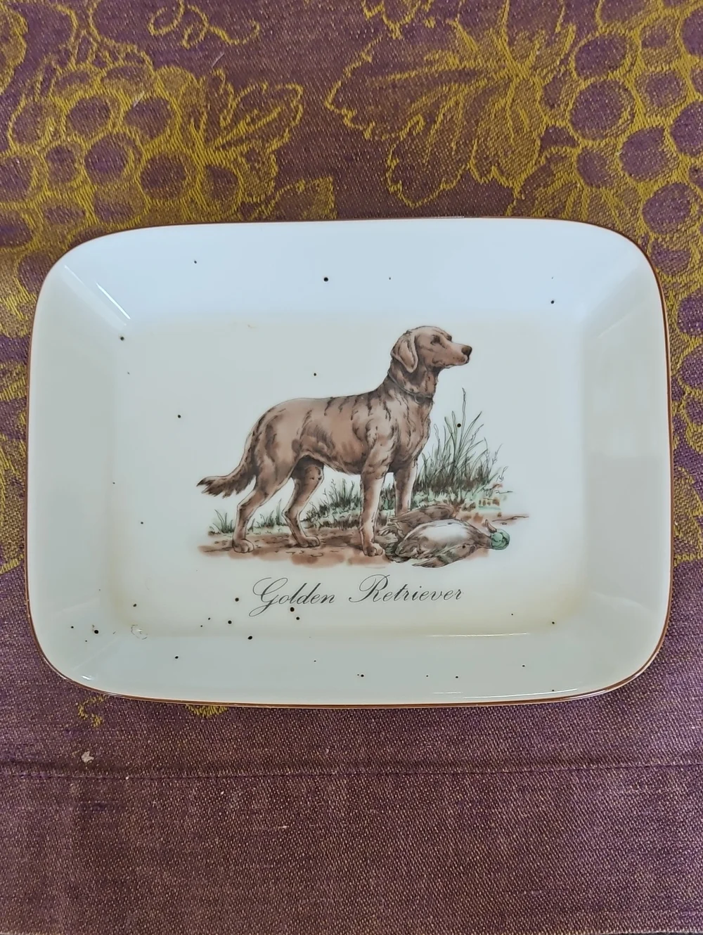 VINTAGE Speckled Stoneware Golden Retriever Porcelain Dog Trinket Tray - White